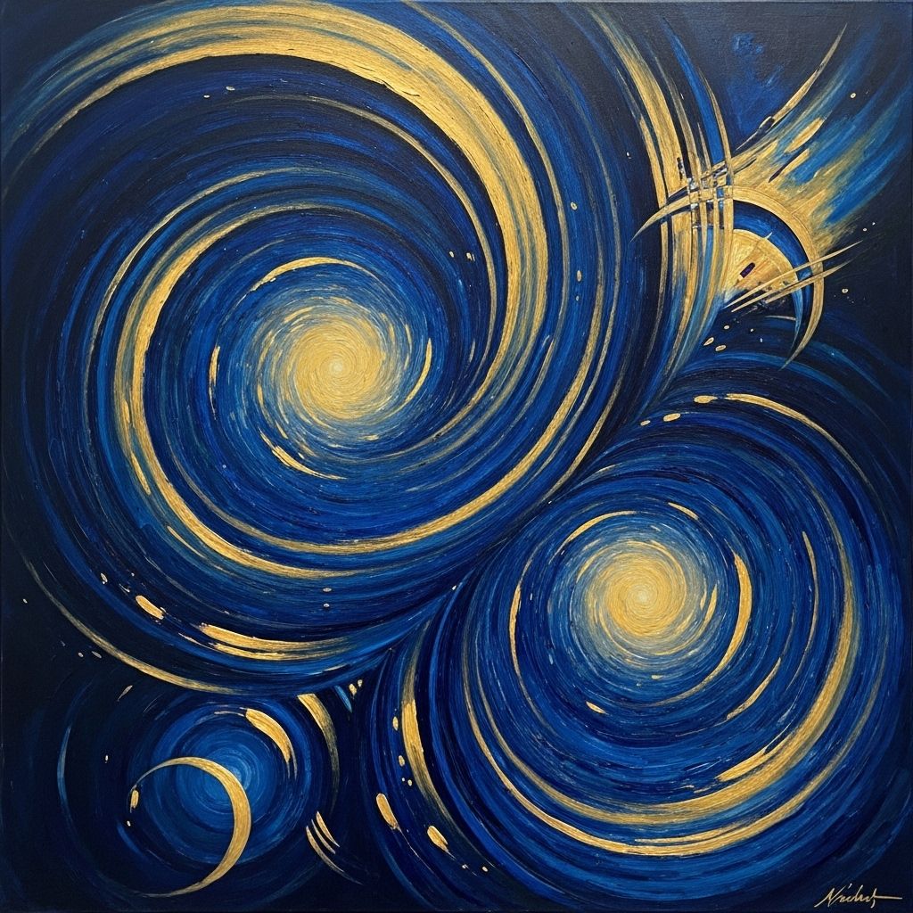 Abstract painting featuring swirling celestial forms in deep blues and gold